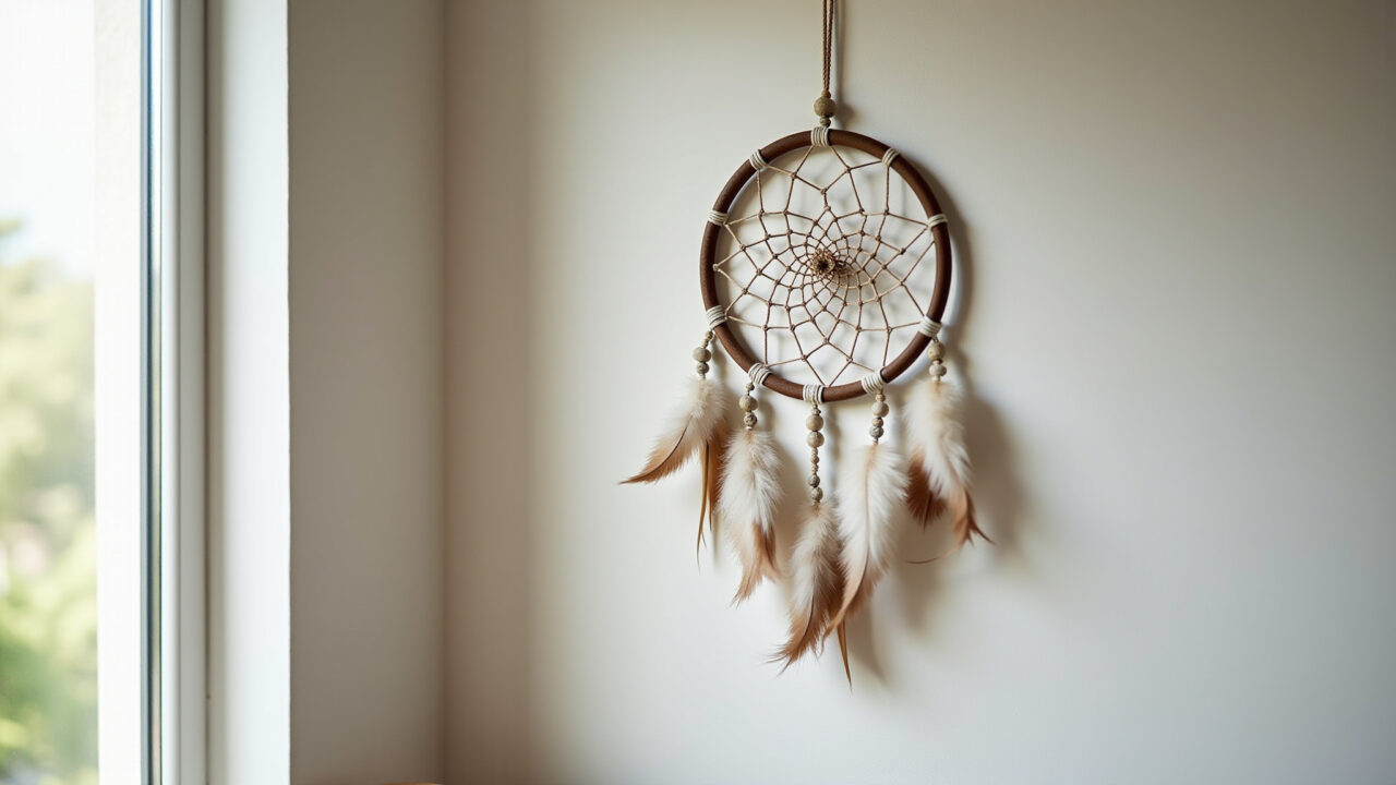 Filtro dos sonhos moderno feito de macramê com penas.