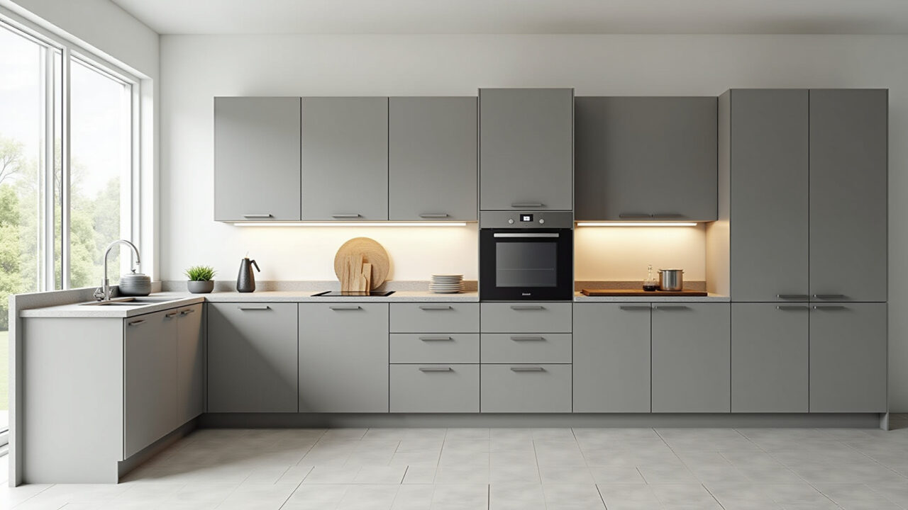 Modern minimalist kitchen, light gray MDF cabinets, integrated appliances, clean design, natural Cozinha minimalista com armários de MDF cinza claro.