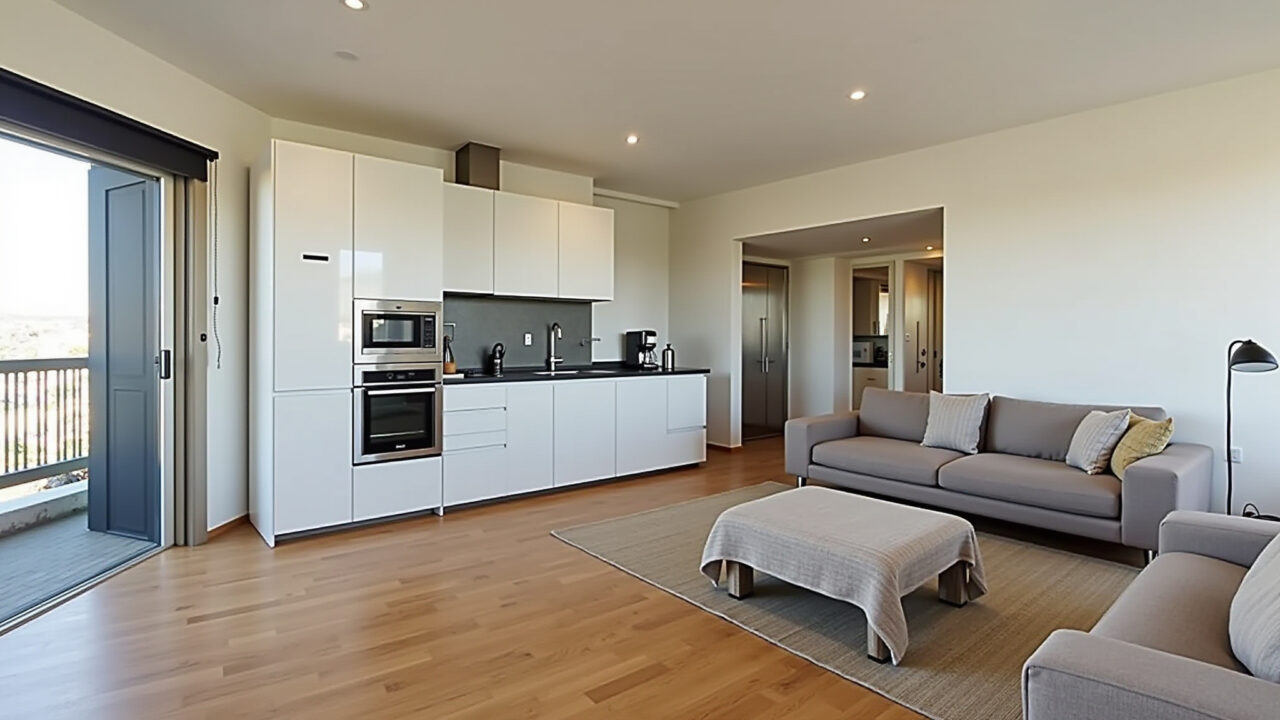 Modern one-bedroom loft interior, open space, integrated kitchen, living area, Brazilian design, Interior de loft moderno de um quarto com espaços integrados e design brasileiro.