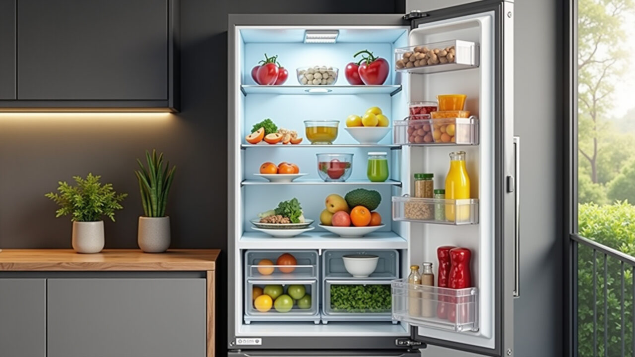 Geladeira moderna com alimentos frescos e organizados.