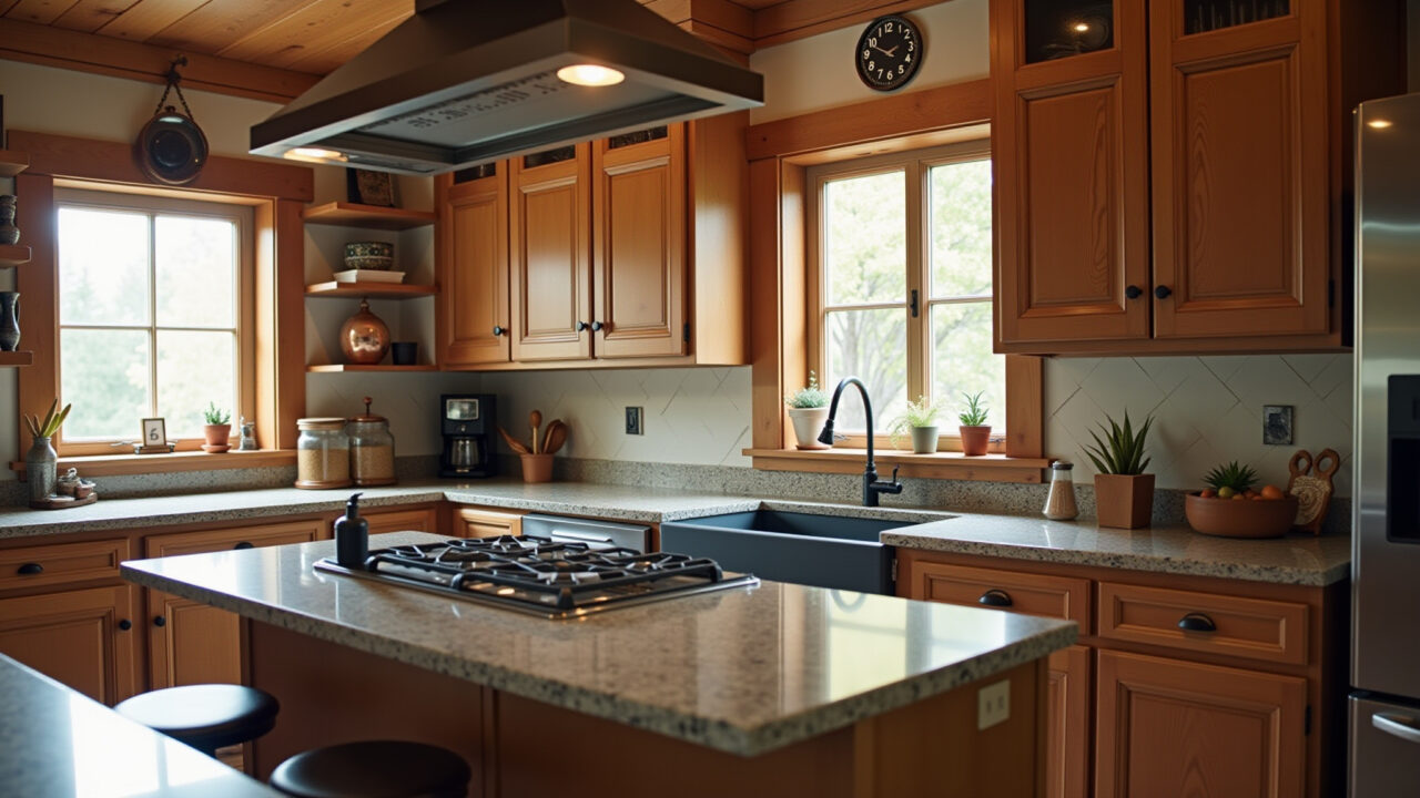 Modern rustic kitchen, wood cabinets, granite countertop, copper utensils, vintage decor, warm Cozinha moderna e rústica.