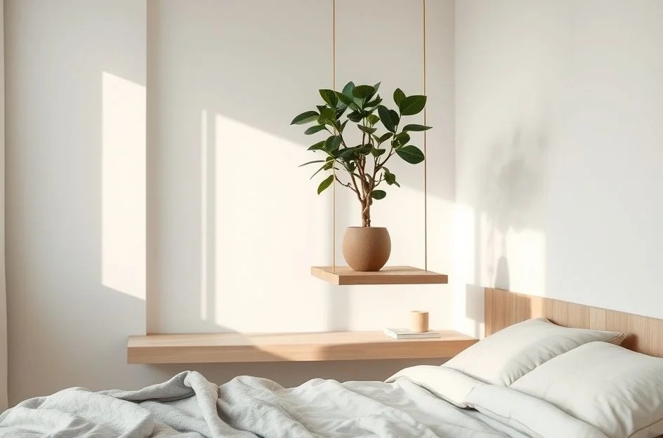 Criado mudo suspenso moderno em quarto minimalista brasileiro com planta.