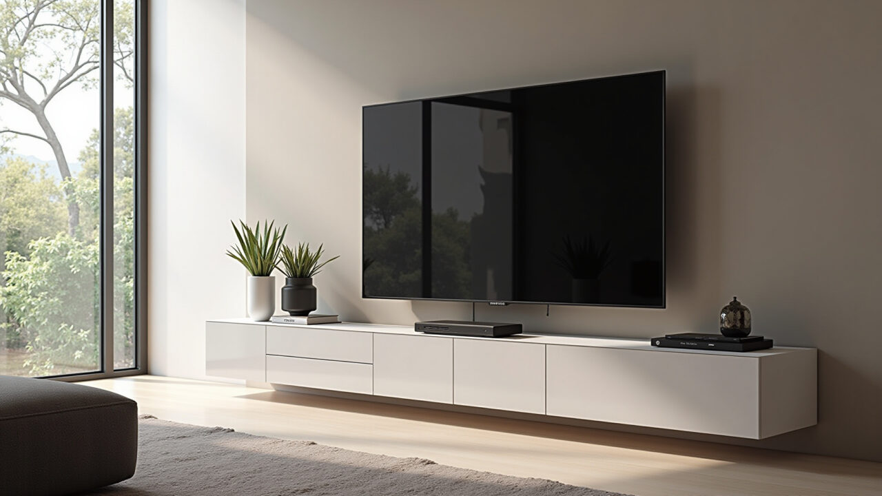 Painel de TV moderno escondendo fios em sala de estar brasileira.
