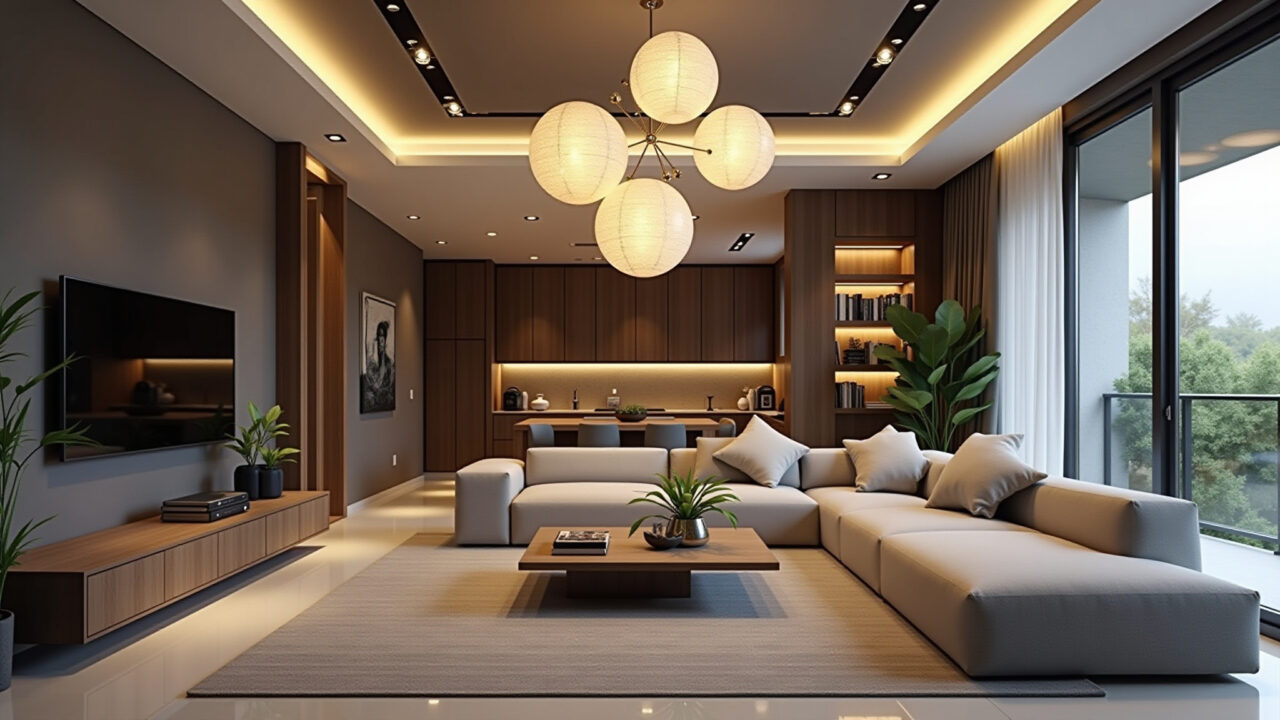 Modular chandelier, different sizes, colors, materials, double height living room, creative design, Lustre modular com peças de diferentes tamanhos e cores.
