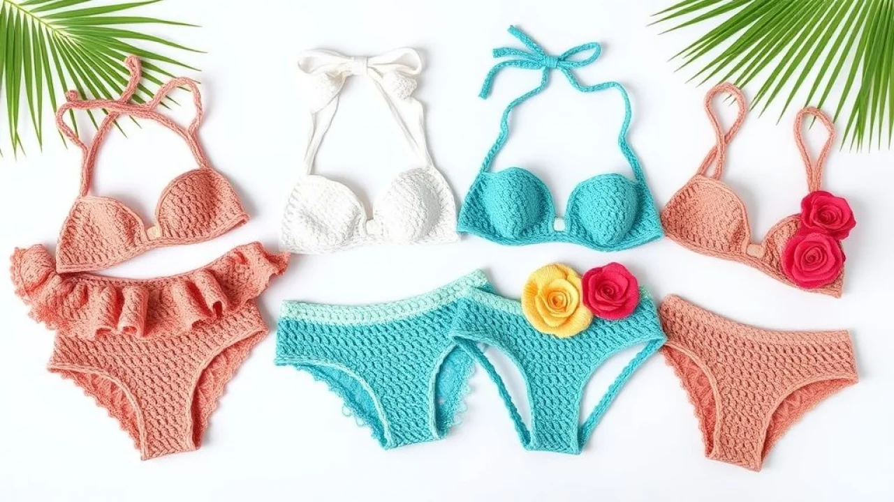 Montage of four different styles of crochet bikinis for children: cortininha, tomara que caia, with Modelos de biquíni de crochê infantil: cortininha, tomara que caia, babados, flores.