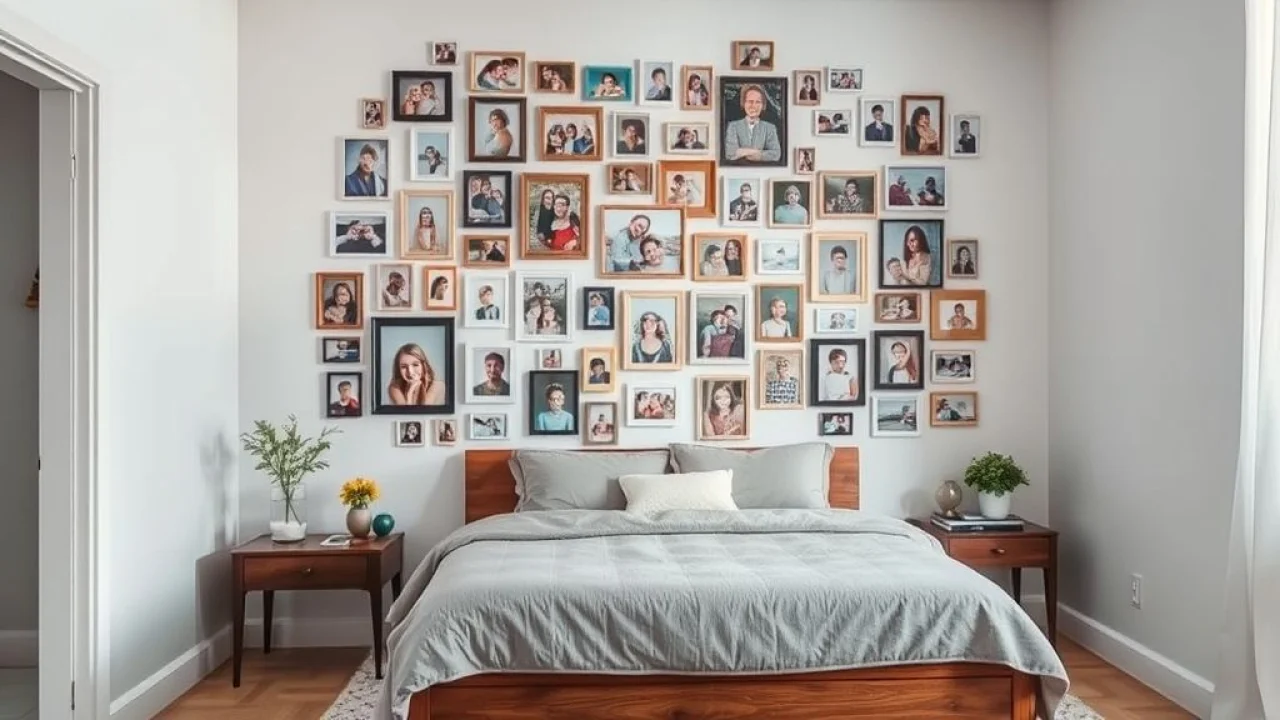 Mosaico de fotos na parede de um quarto em casa brasileira.