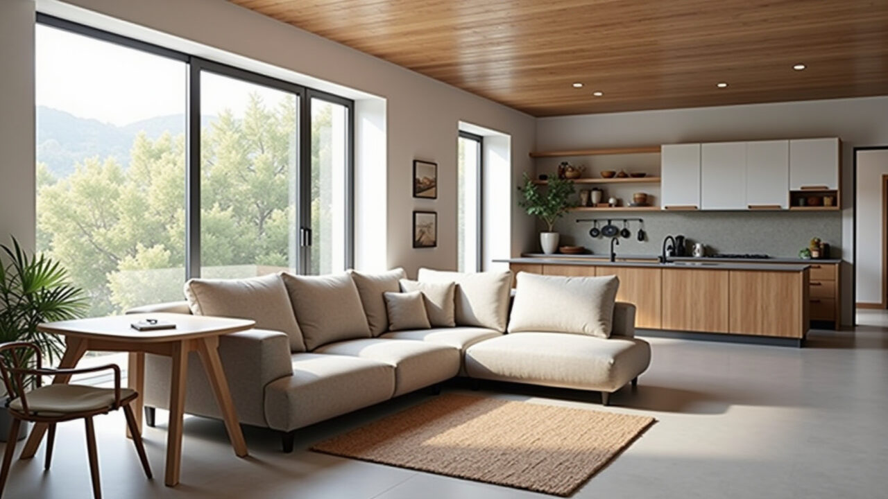 Multifunctional furniture in a Brazilian open-concept living room and kitchen. Sofa bed, folding Móveis multifuncionais otimizando espaço em sala com cozinha integrada.