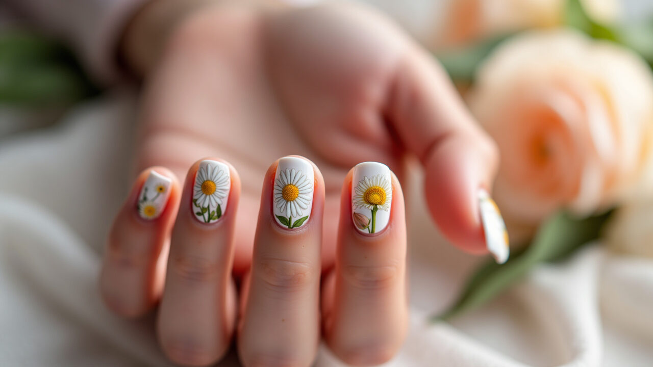 Nail art with delicate flowers, summer 2026, romantic style, daisies, roses, feminine touch, Unhas decoradas com flores delicadas: margaridas e rosas.