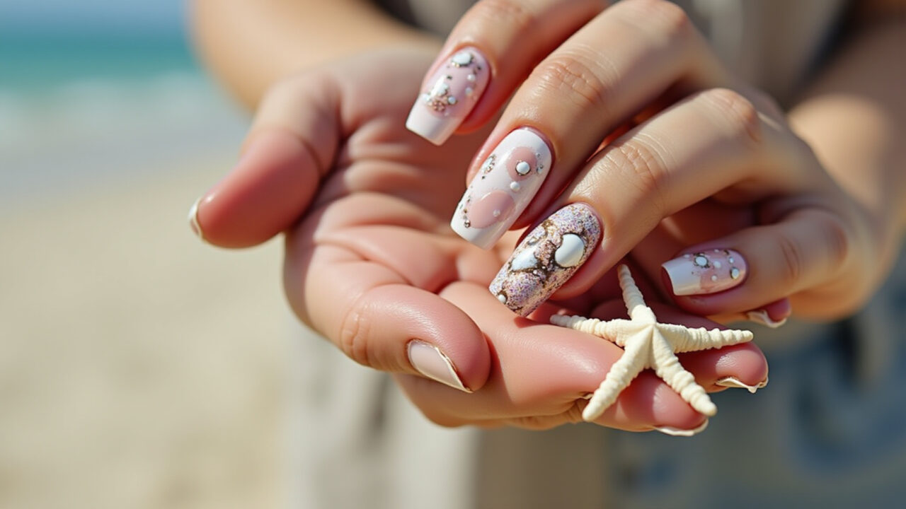 Nail art with natural seashells, summer 2026, beach vibe, starfish, artisan details, bright Unhas decoradas com conchas naturais e estrelas do mar.