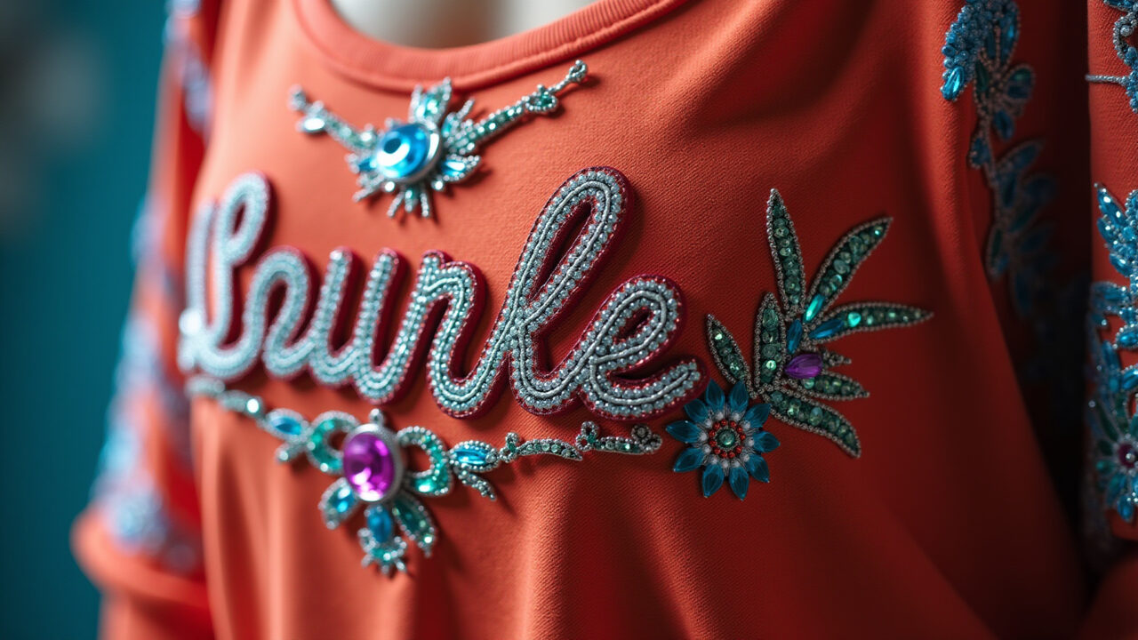 Name embroidered with beads and sequins, shiny details, colorful threads, bright lighting, 8k, Nome bordado com miçangas e lantejoulas.