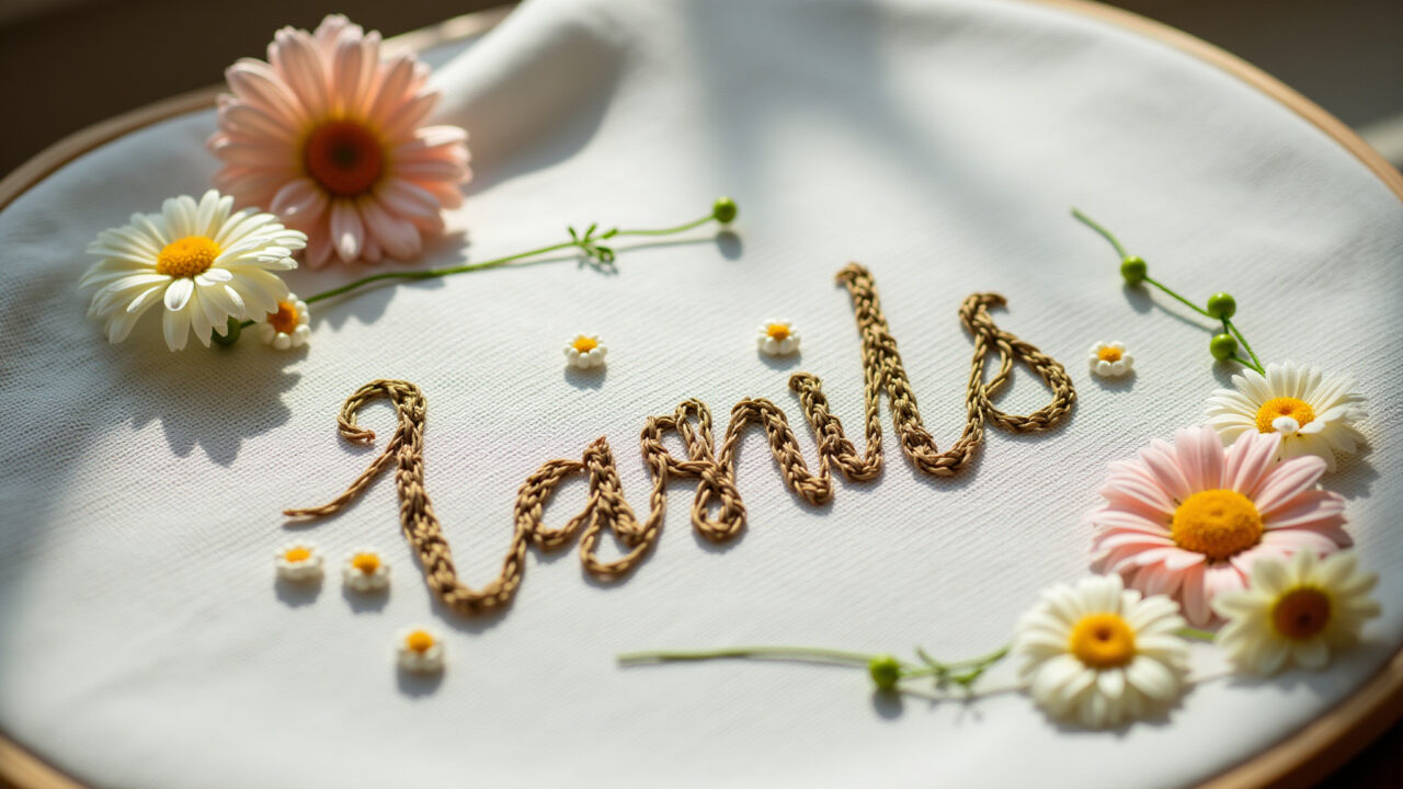 Name embroidered with daisy stitch flowers, floral details, linen fabric, natural light, 8k, sharp Nome bordado com flores em ponto margarida.