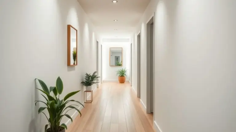 Corredor estreito decorado em estilo minimalista com piso de madeira clara, paredes brancas e espelho ampliando o espaço.