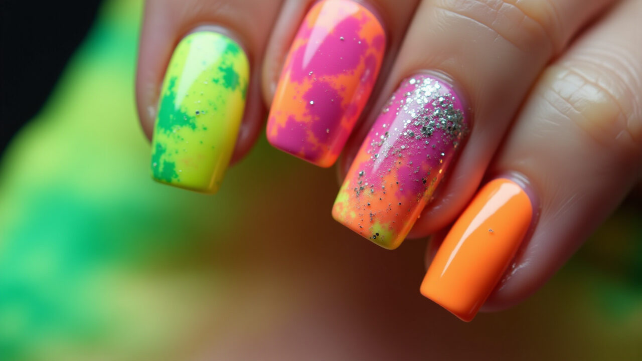 Neon tie-dye nails, summer 2026, psychedelic effect, lime green, hot pink, neon orange, glitter, Unhas tie-dye neon: explosão de cores vibrantes para o verão.
