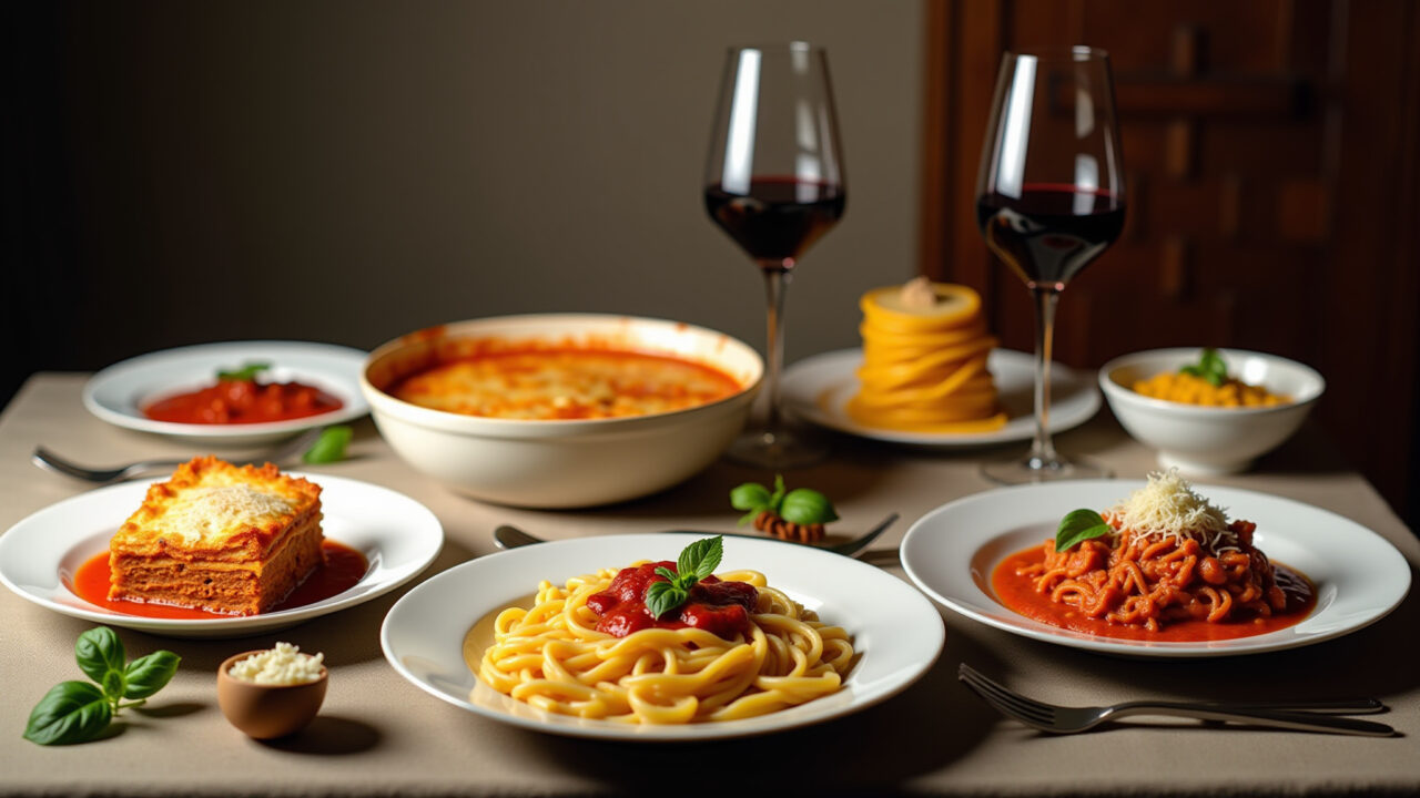 Noite de massas para jantar de aniversário com lasanha, ravioli e fettuccine.