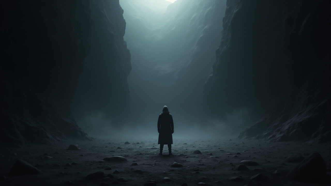 Nigredo stage: A solitary figure in a dark, barren landscape, facing a shadowy abyss, representing Figura solitária enfrentando a escuridão na fase Nigredo da alquimia.