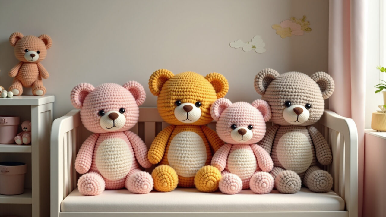 Quarto infantil decorado com amigurumis de urso.