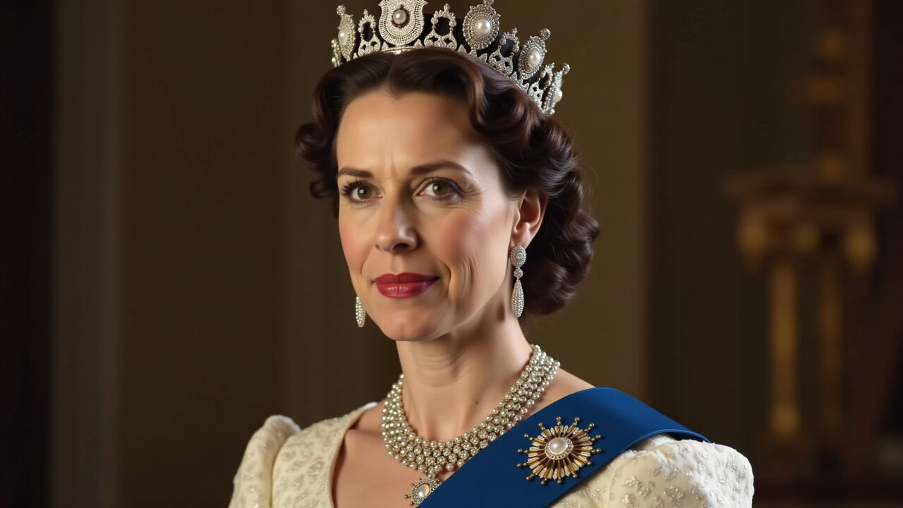 Rainha Elizabeth II em The Crown, com expressão serena.