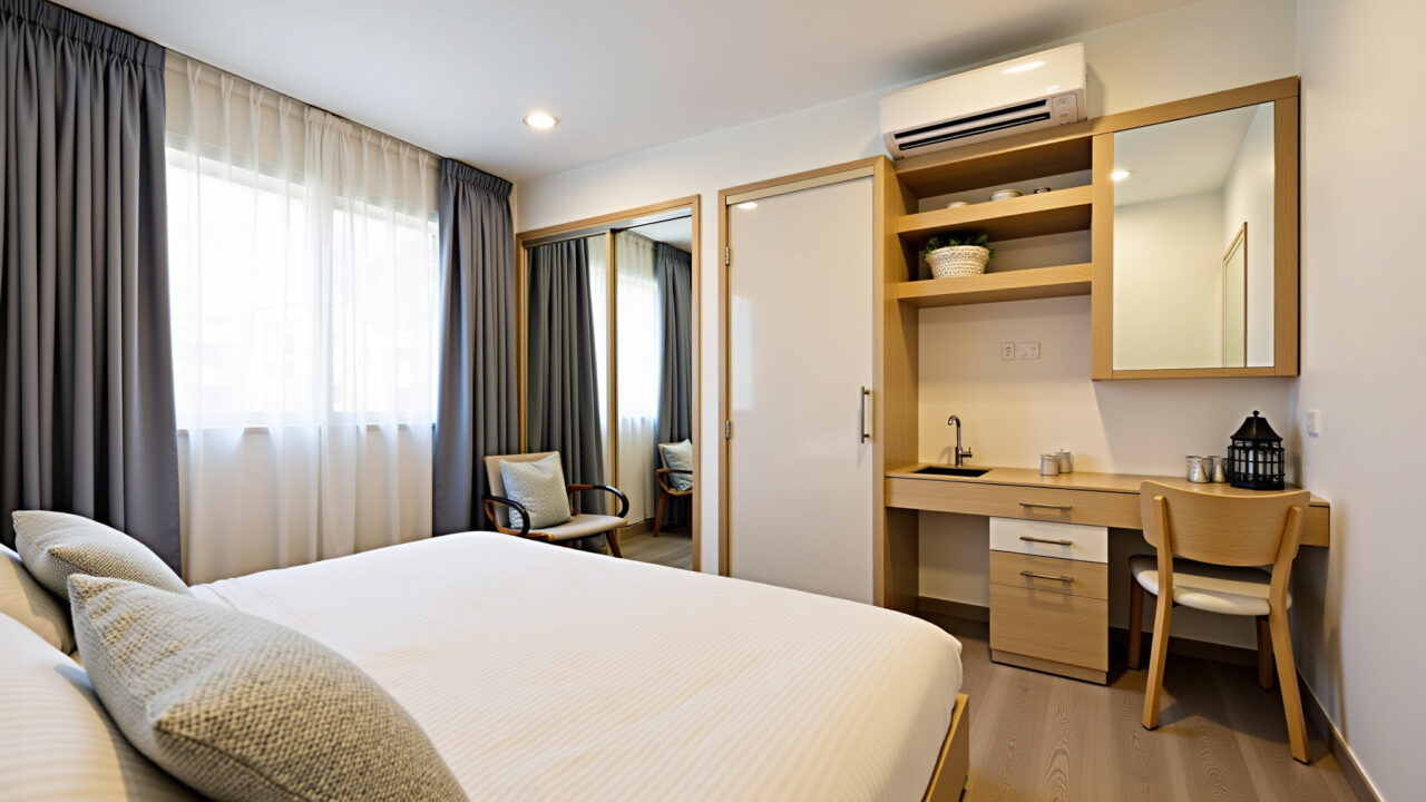 One-bedroom kitnet interior, compact design, multifunctional furniture, organized space, Brazilian Interior de kitnet de um quarto com design compacto e móveis multifuncionais.