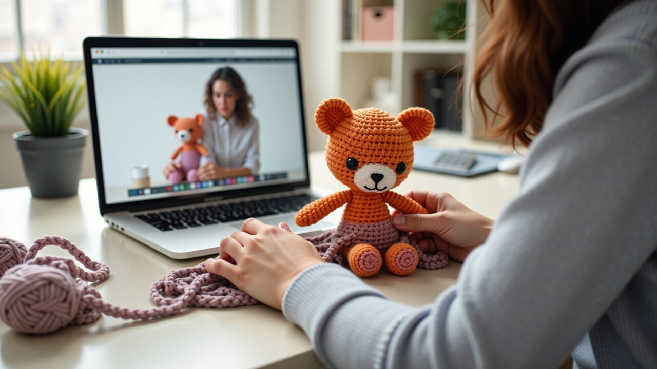 Online amigurumi course on laptop, hands crocheting, yarn, professional photography, 8K quality, Curso online de amigurumi em um laptop.