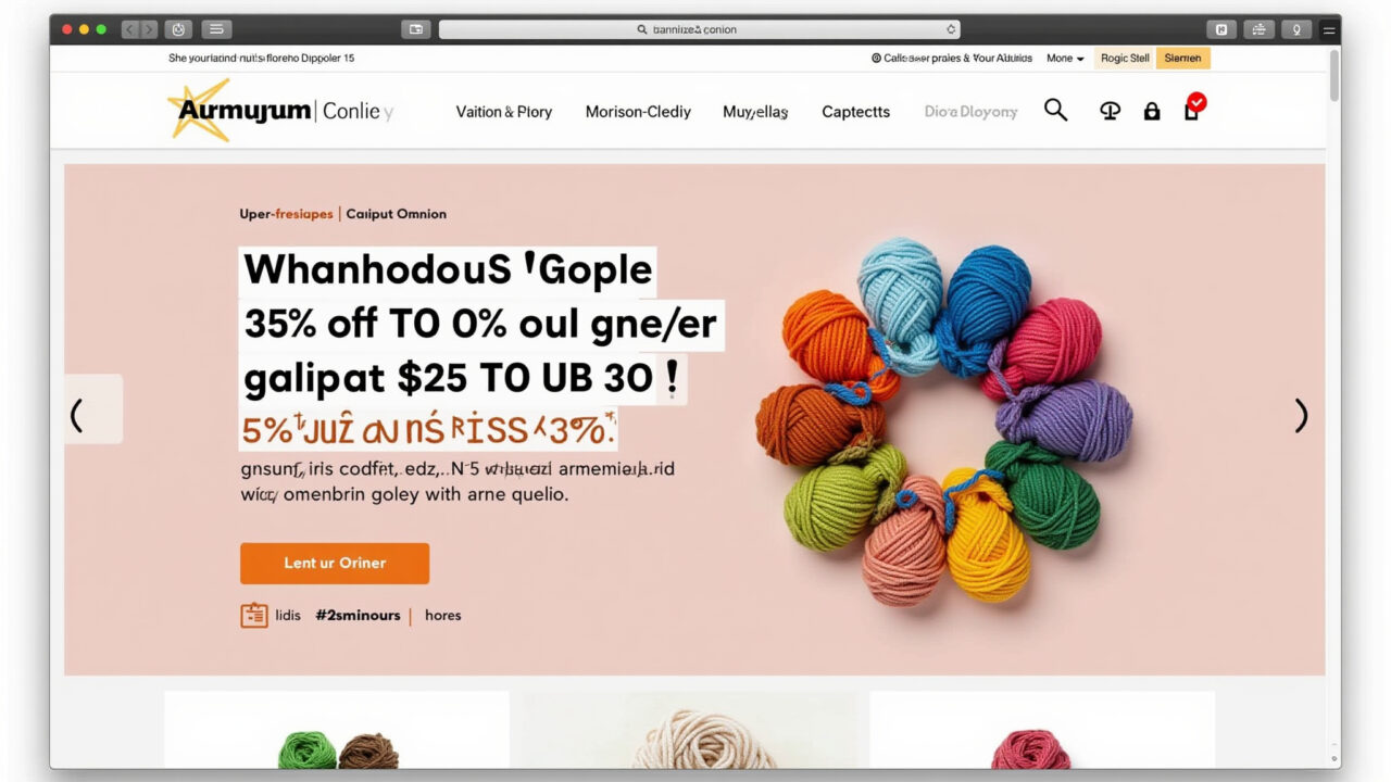 Online armarinho website, amigurumi yarn sale banner, various brands, vibrant colors, user-friendly Promoção de fios baratos para amigurumi em armarinho online.