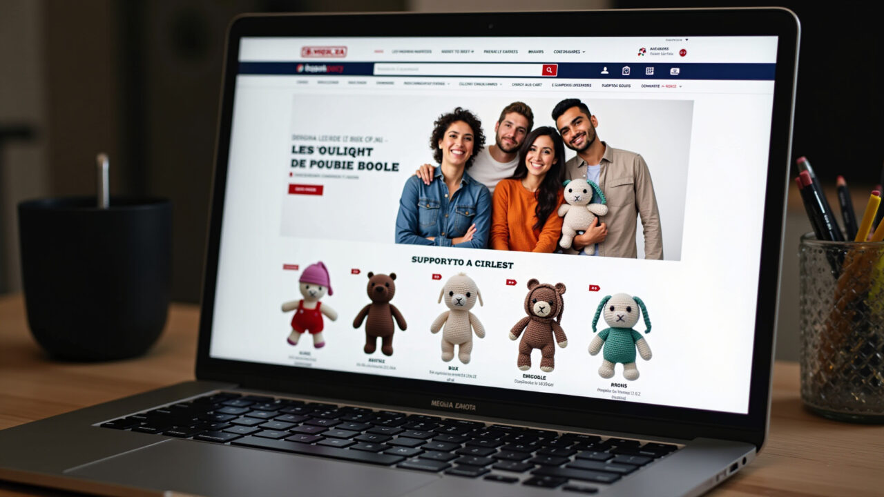 Online store display, crochet hooks for amigurumi, various brands, laptop, bright screen, 8k, Comprando agulhas de crochê para amigurumi online, praticidade e variedade.