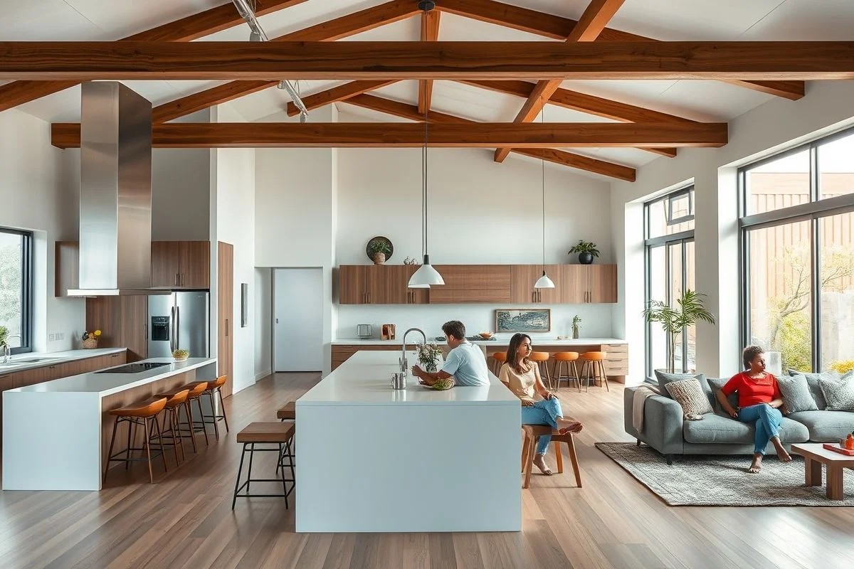 Cozinha e sala integradas em casa moderna, demonstrando a flexibilidade de design proporcionada pela viga invertida.