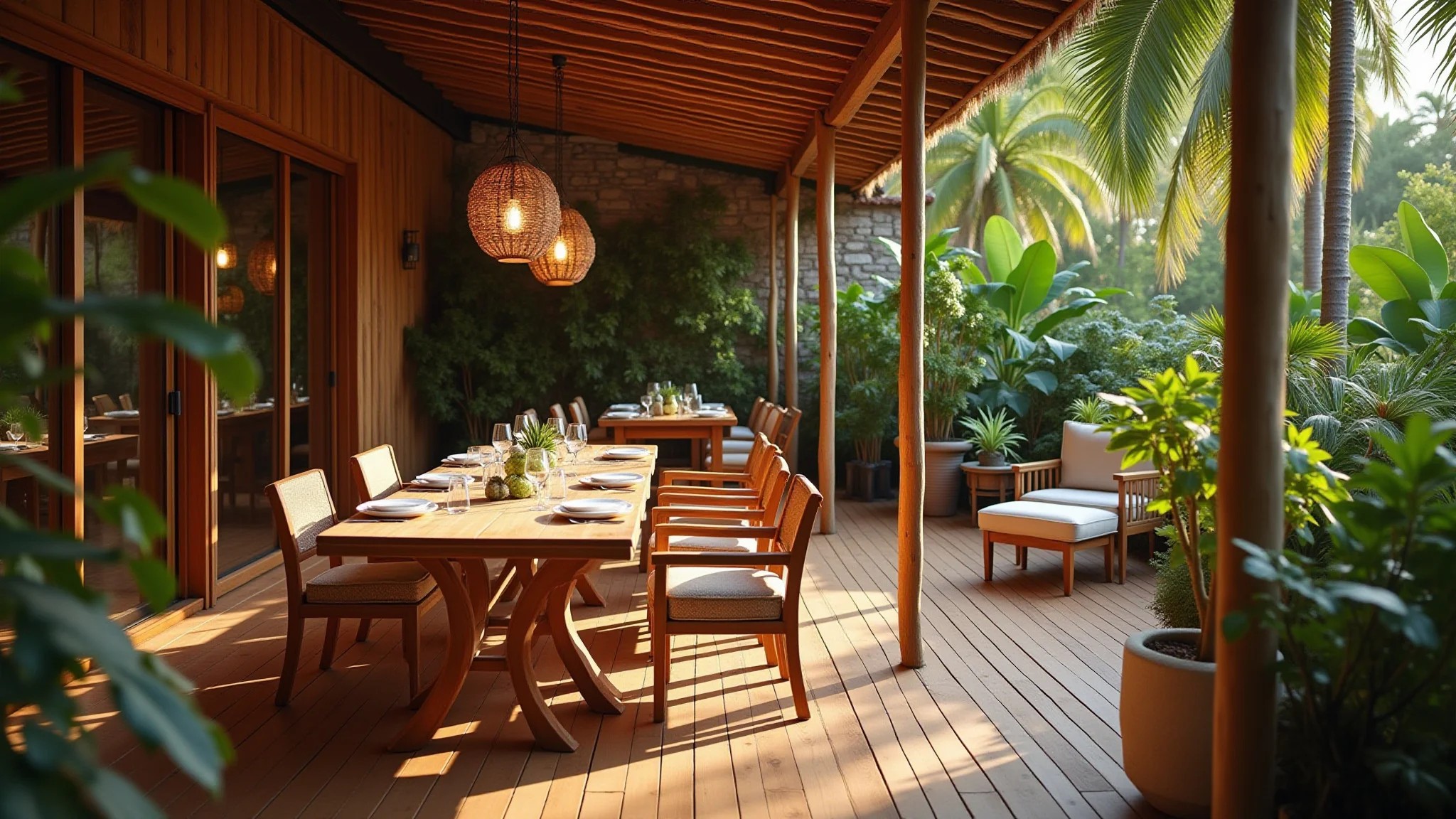 Espaço gourmet ao ar livre com design brasileiro e plantas tropicais.