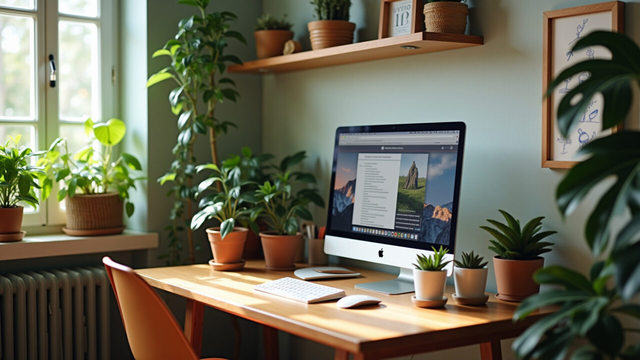 Organized and cozy workspace with plants and inspiring objects, Brazilian style, natural lighting, Espaço de trabalho organizado e aconchegante.