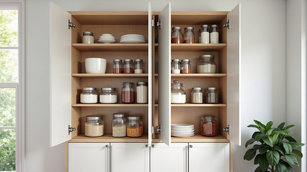 Armários de cozinha com armazenamento inteligente, prateleiras ajustáveis e potes de vidro.