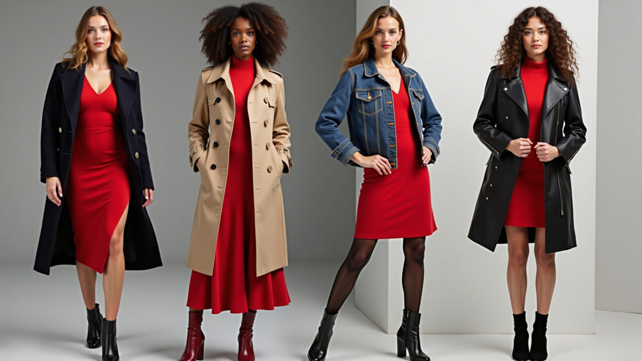 Casacos e jaquetas para usar com vestido vermelho: casaco de lã, trench coat, jaqueta de couro, jaqueta jeans.