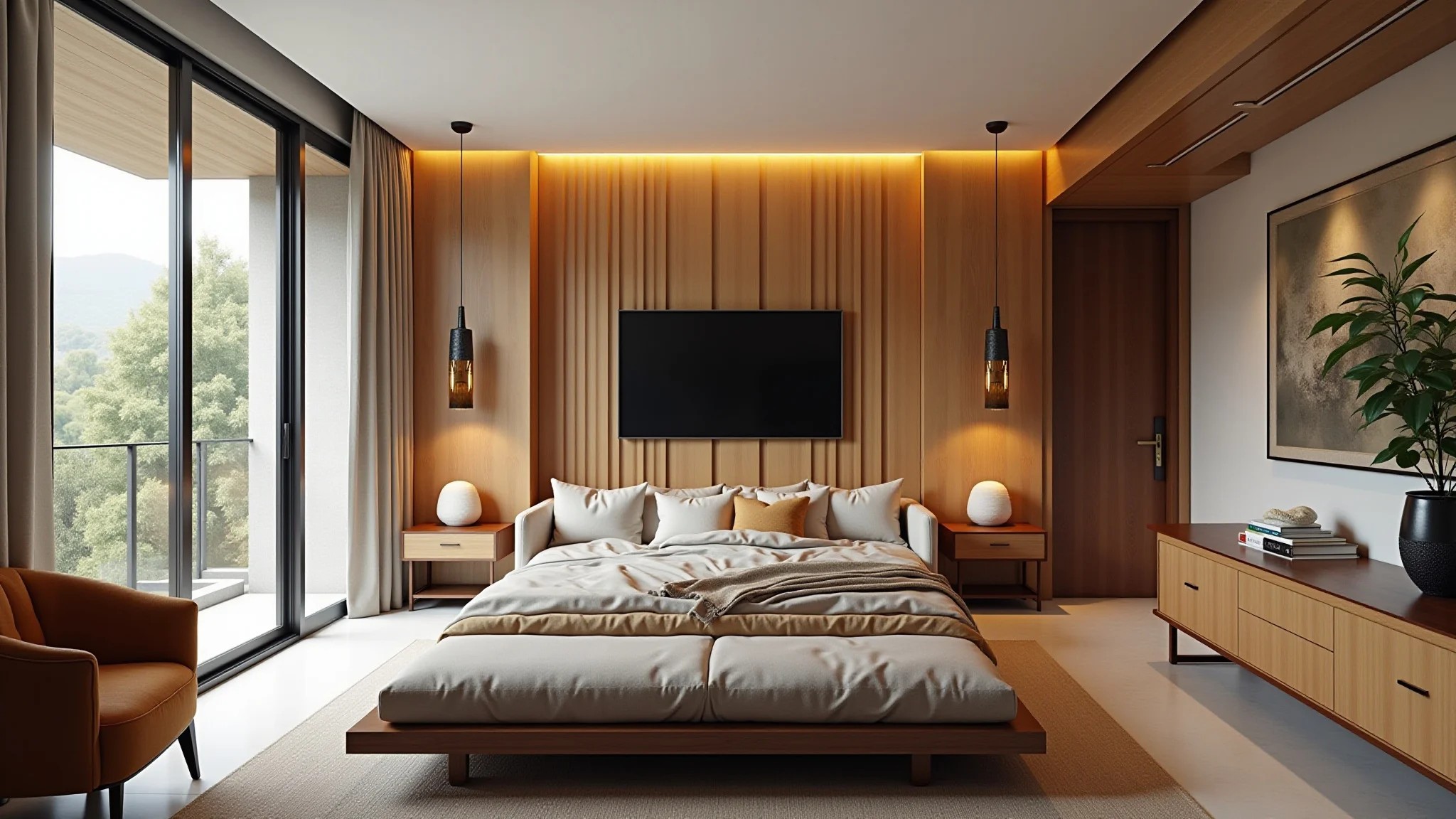 Visão geral de uma casa brasileira decorada harmoniosamente seguindo os princípios do Feng Shui.