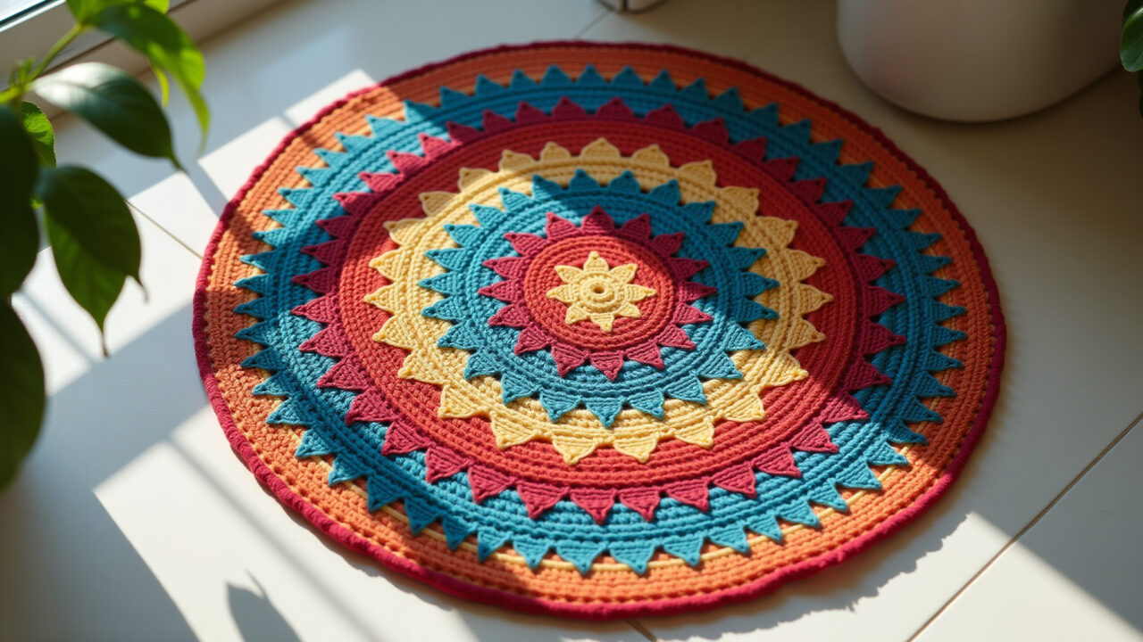 Overhead, professional photography of a round crochet rug, vibrant colors, bathroom floor, natural Tapete redondo de crochê com cores vibrantes.