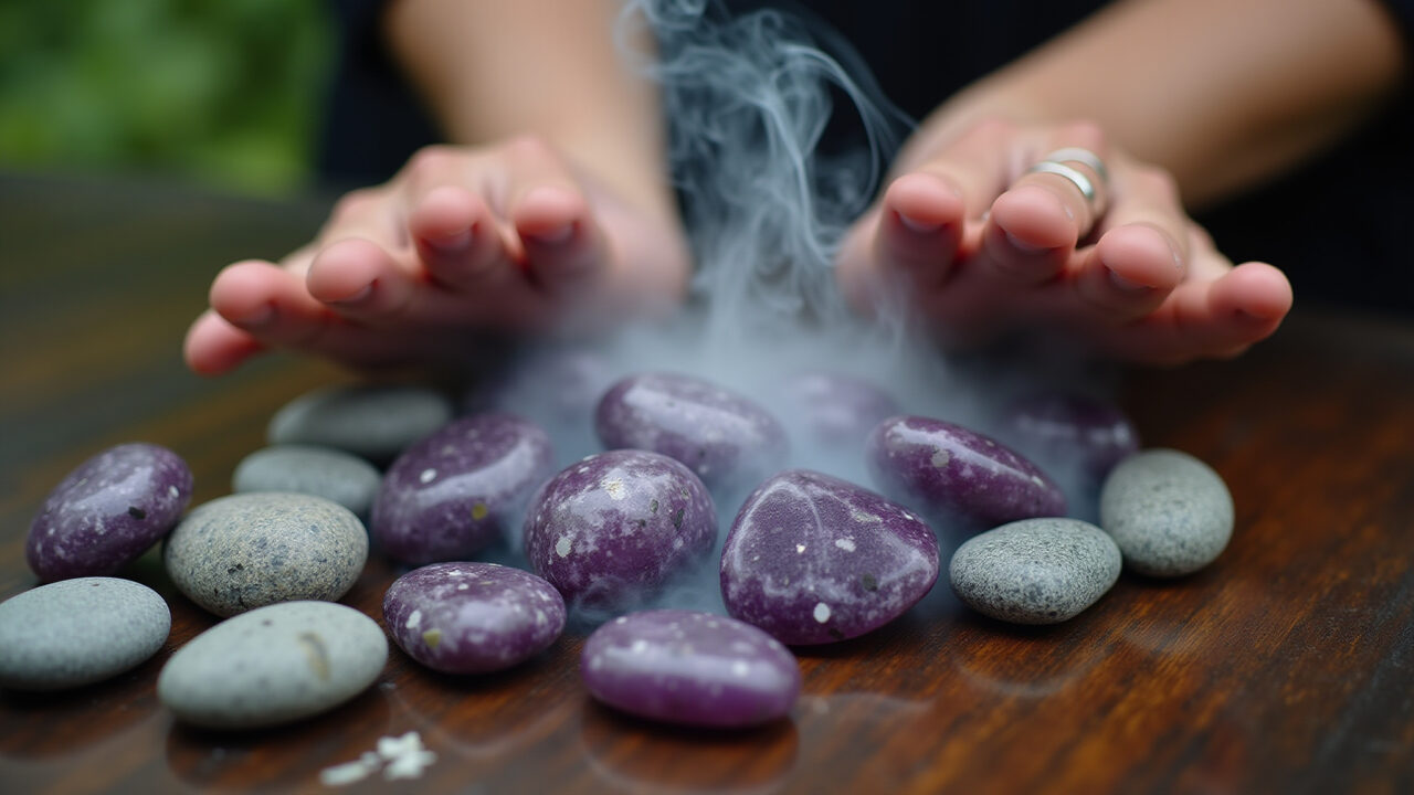 Overhead shot, commercial photography of purpurite stones being cleansed with sage smoke, natural Pedras purpuritas sendo limpas com fumaça de sálvia.