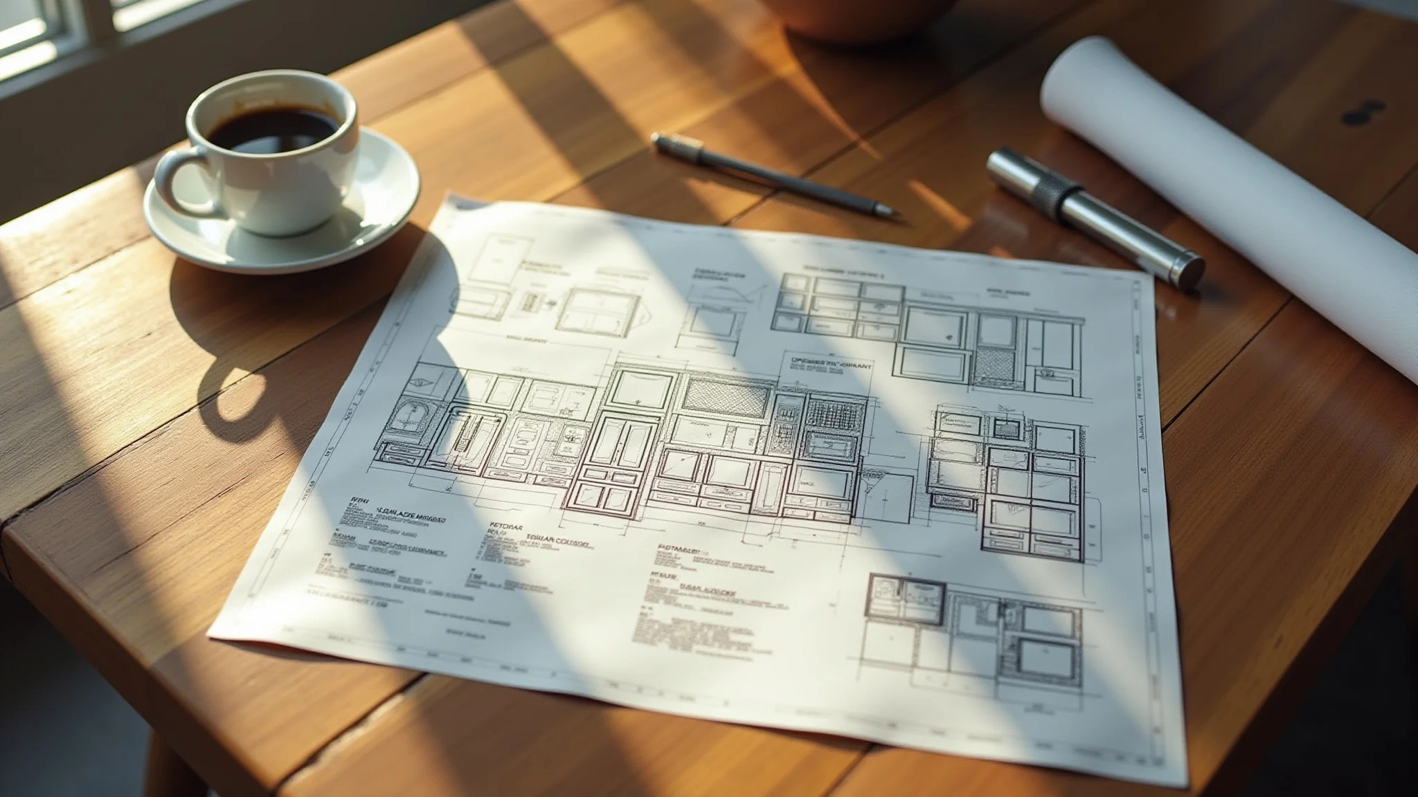 Planta baixa de cozinha sobre mesa de madeira com ferramentas de arquitetura.