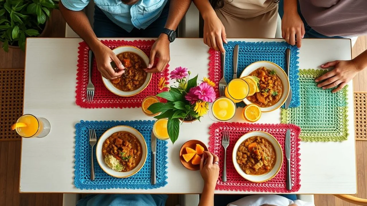 Overhead shot of a dining table set for a casual Brazilian lunch, featuring rectangular crocheted Mesa posta com sousplats de crochê retangulares coloridos, feijoada e caipirinhas.