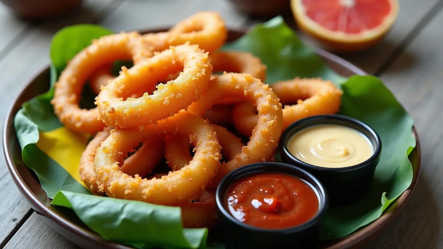 Prato de anéis de cebola fritos com molhos variados.