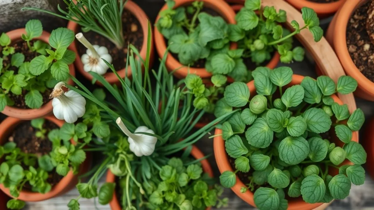 Overhead shot of a small urban garden in Brazil, featuring a variety of herbs and vegetables, Horta urbana em apartamento brasileiro com alho orgânico em vasos.