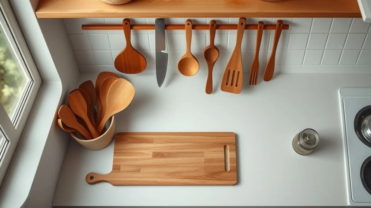 Overhead shot of a well-organized Brazilian kitchen counter, featuring essential utensils like Cozinha organizada com utensílios essenciais: facas, colheres, espátulas.
