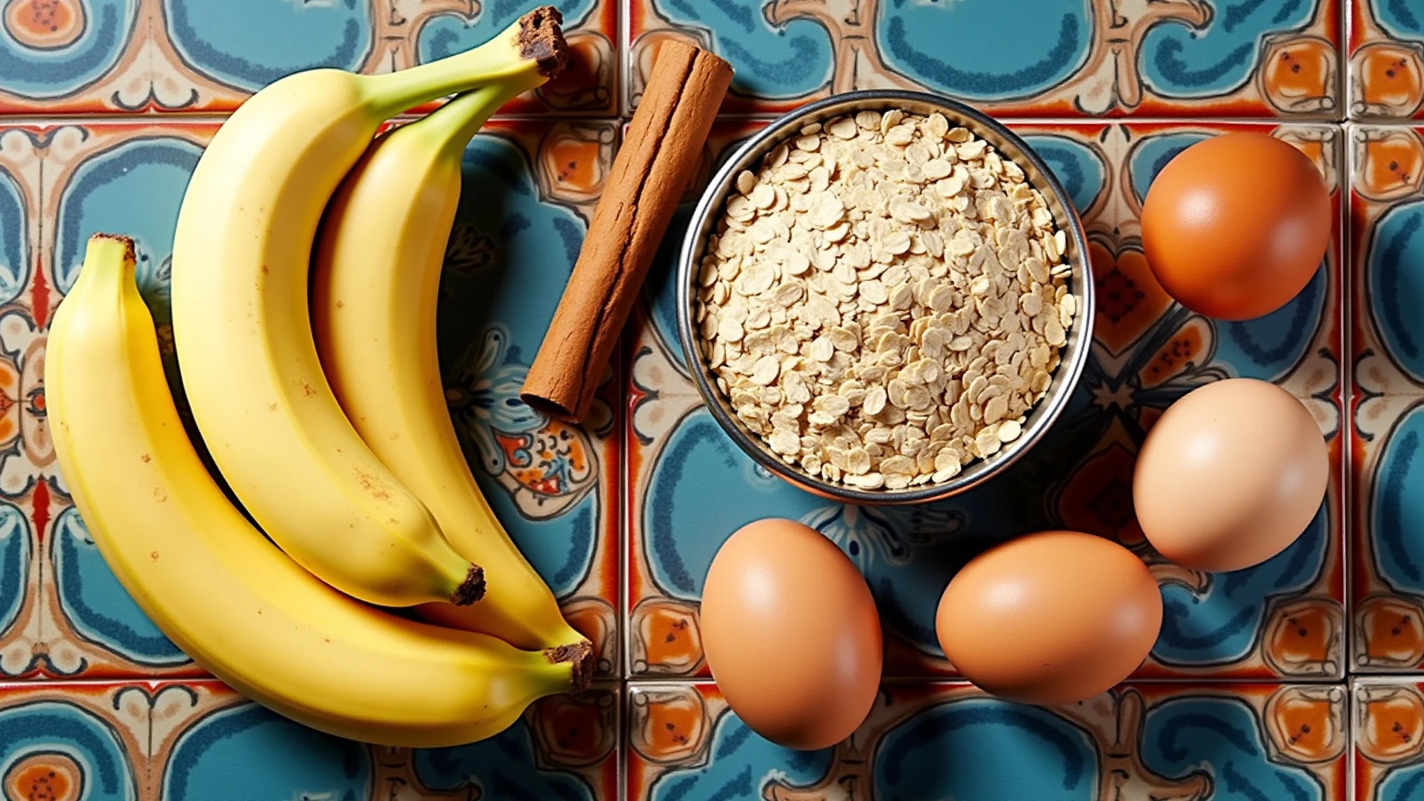 Ingredientes do bolo de banana com aveia dispostos em azulejo colorido.