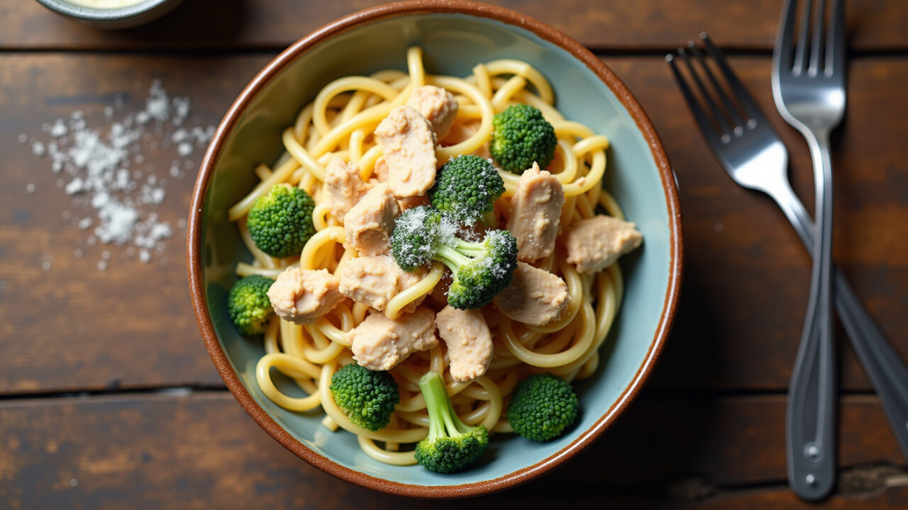 Macarrão cremoso com frango e brócolis, prato simples e nutritivo.