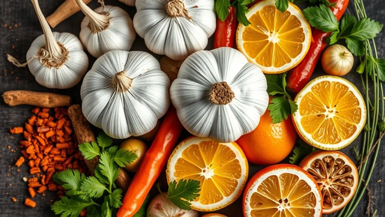 Overhead shot of various foods impacting perfume: garlic, curry spices, citrus fruits, fresh herbs. Alimentos que afetam o perfume: alho, especiarias, frutas cítricas.