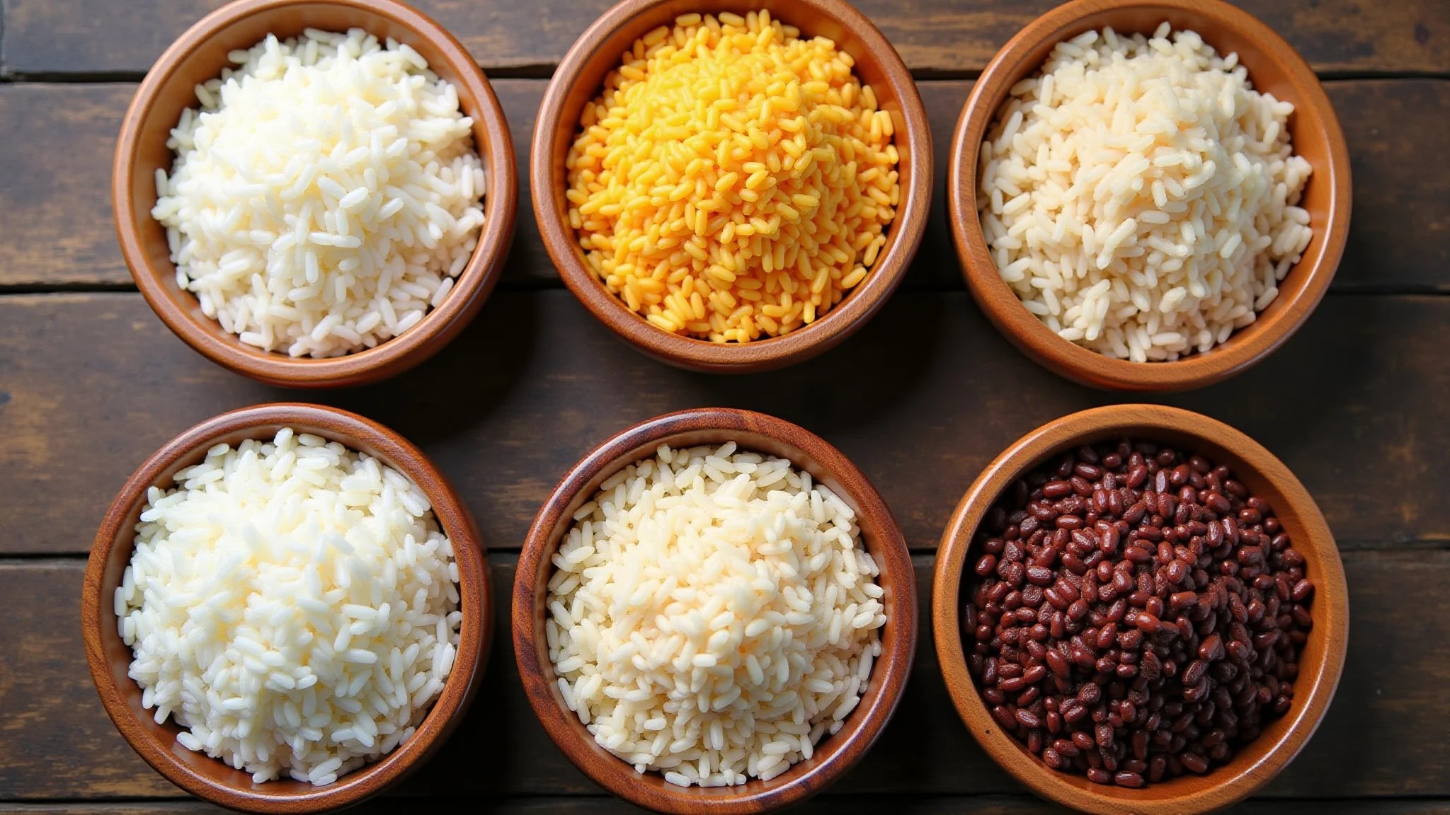 Variedade de tipos de arroz: branco, parboilizado, integral e arbóreo, cada um com suas características.