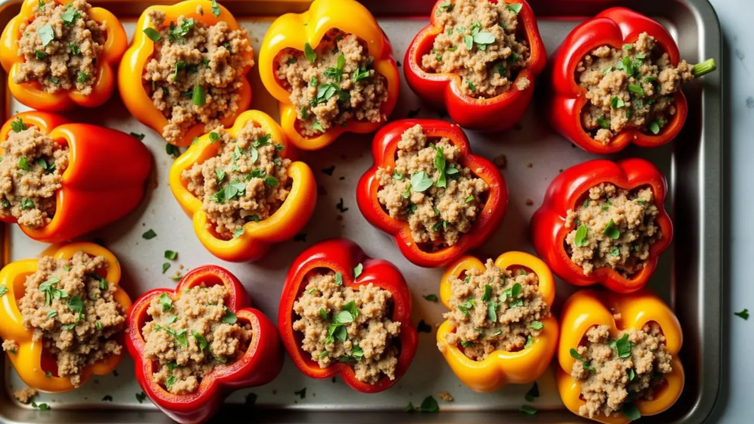 Como fazer Pimentao Recheado com Carne Moida: Segredos de Chef Pimentões recheados com carne moída, dispostos em assadeira, prontos para assar.
