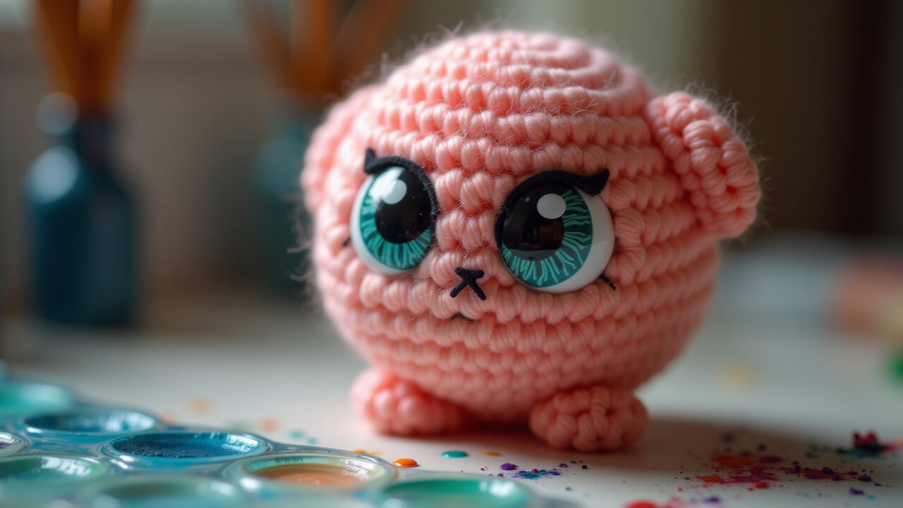 Painted amigurumi eyes drying, acrylic paints, brushes, natural light, 8K, sharp focus, Olhos de amigurumi pintados.