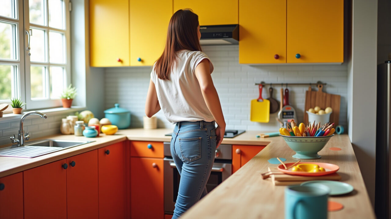Armários de cozinha renovados com pintura vibrante e moderna.
