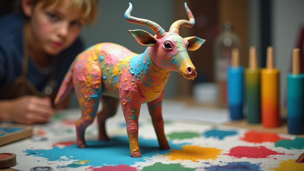 Pintando um animal de papel machê.