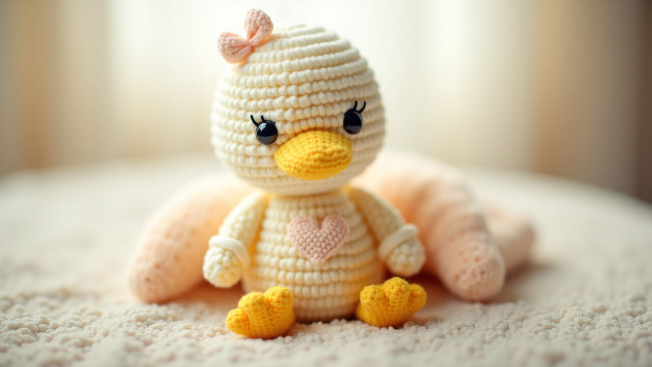Pastel amigurumi duck baby gift, hypoallergenic cotton, soft light, professional photography, 8k, Amigurumi pato bebê presente