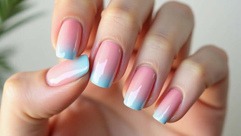 Unhas degradê em tons pastel, tendência verão 2026.