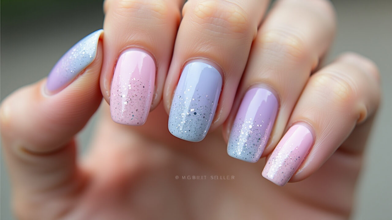 Pastel gradient nails, summer 2026 trend, soft pink, lilac, baby blue, subtle glitter, natural Unhas degradê pastel: rosa, lilás e azul bebê com glitter suave.