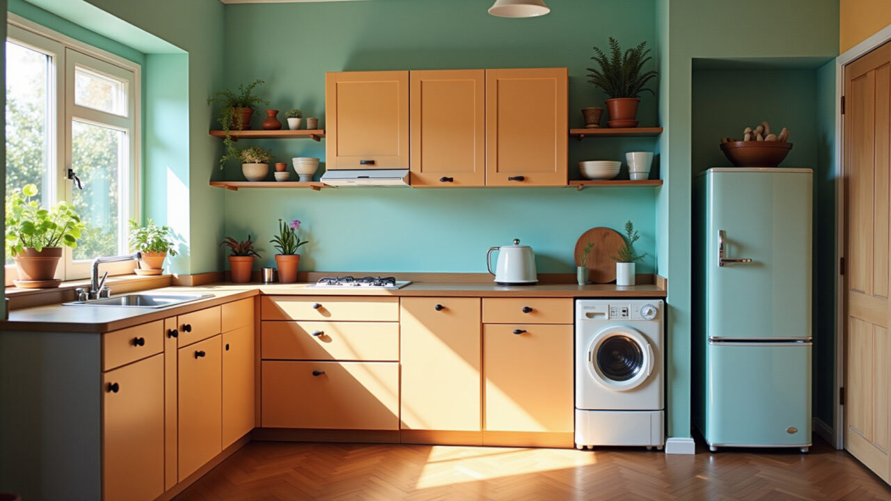 Cozinha vintage com armários em tons pastel e eletrodomésticos retrô.